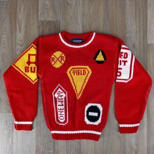 Vintage The Membership Child Sz 8/10 Red Traffic Signs‎ Knit Sweater Made in USA
